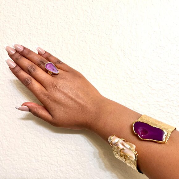 Geode Stone& pearl Adjustable Bracelet & Ring Set - Picture 2 of 3